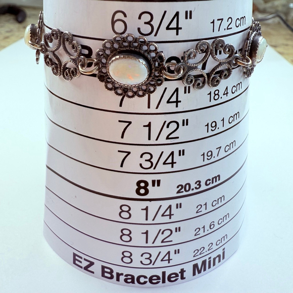 BEAU 3 TCW Opal Cabochon Filigree Scroll Link Sterling Silver 925 VTG Bracelet - Picture 7 of 9